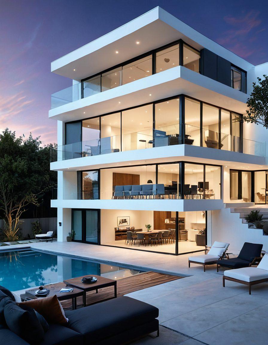 A luxurious modern home with sleek lines and expansive windows showcasing elegant interior design; smart devices seamlessly integrated within the living spaces. Include minimalistic furniture, automated lighting, and a digital assistant. Highlight the harmony between contemporary architecture and smart technology. super-realistic. vibrant colors. white background.