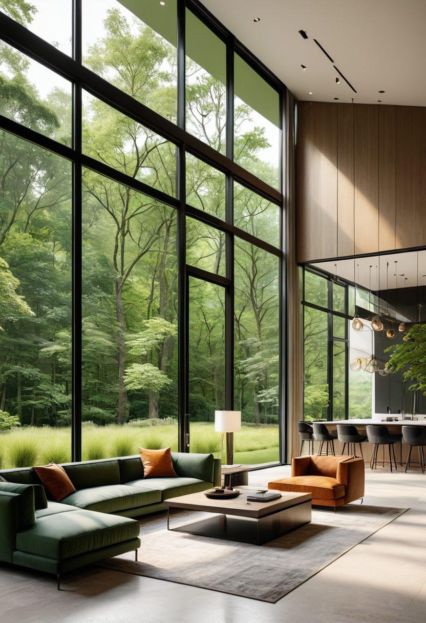 A luxuriously designed modern residence featuring sleek architecture, expansive glass windows, and lush greenery. The interior should show minimalist, high-end furniture with a focus on elegant lighting, warm textures, and cutting-edge technology. Think of sophistication and serenity blending seamlessly. super-realistic. vibrant colors. elegant ambiance.