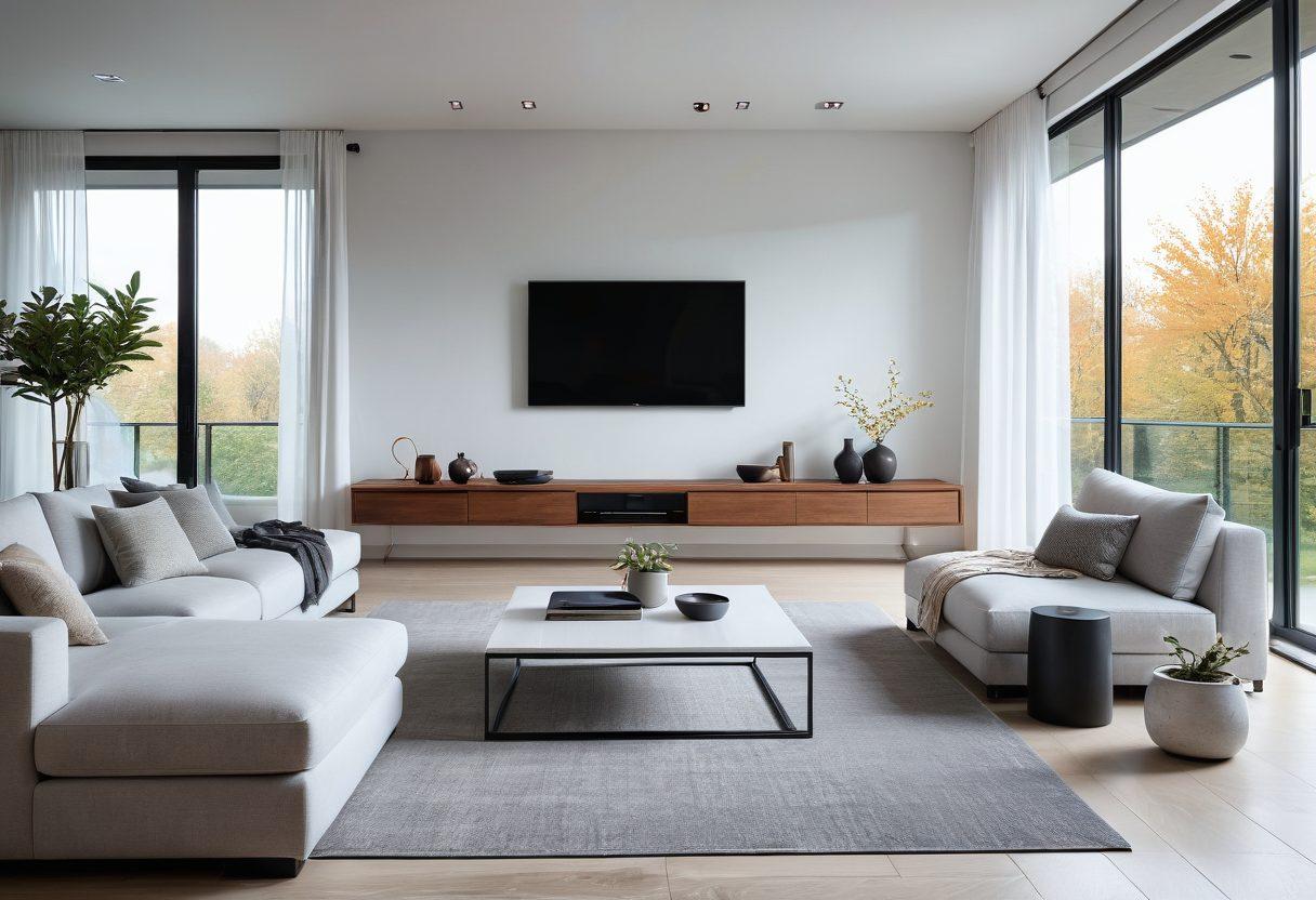 A contemporary living room showcasing sleek furniture with clean lines, integrated smart home devices, and ambient lighting. The space should feature a large smart TV on the wall, a minimalist coffee table with a tablet, and voice-controlled speakers. Include floor-to-ceiling windows for natural light, and a blend of modern decor with subtle tech elements. super-realistic. vibrant colors. white background.